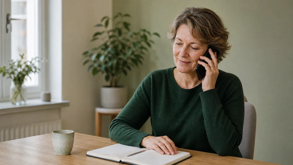 KI-generiertes Symbolbild: Eine Frau hört bei einem Telefonat in einem hellen Beratungsraum aufmerksam zu.